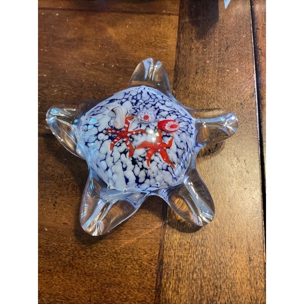 Art Glass Millefiore Paperweight Starfish Clear Glass Red Blue White Heavy